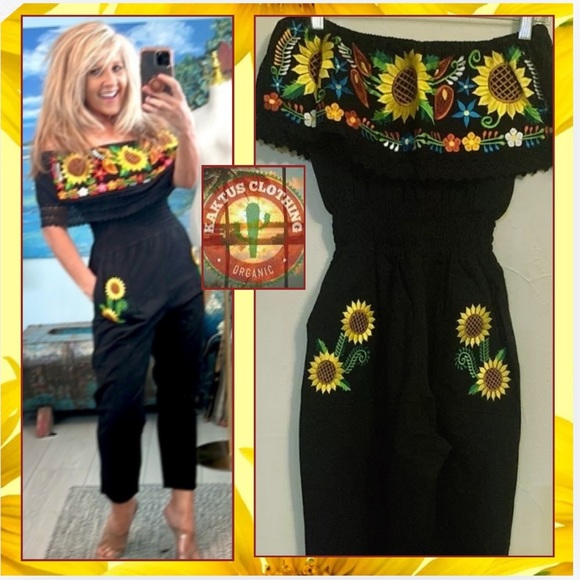 Kaktus Pants - Kaktus,Fun, Funky,Firm Price,Beautifully Embroidered w/Vibrant Sunflowers,Size S
